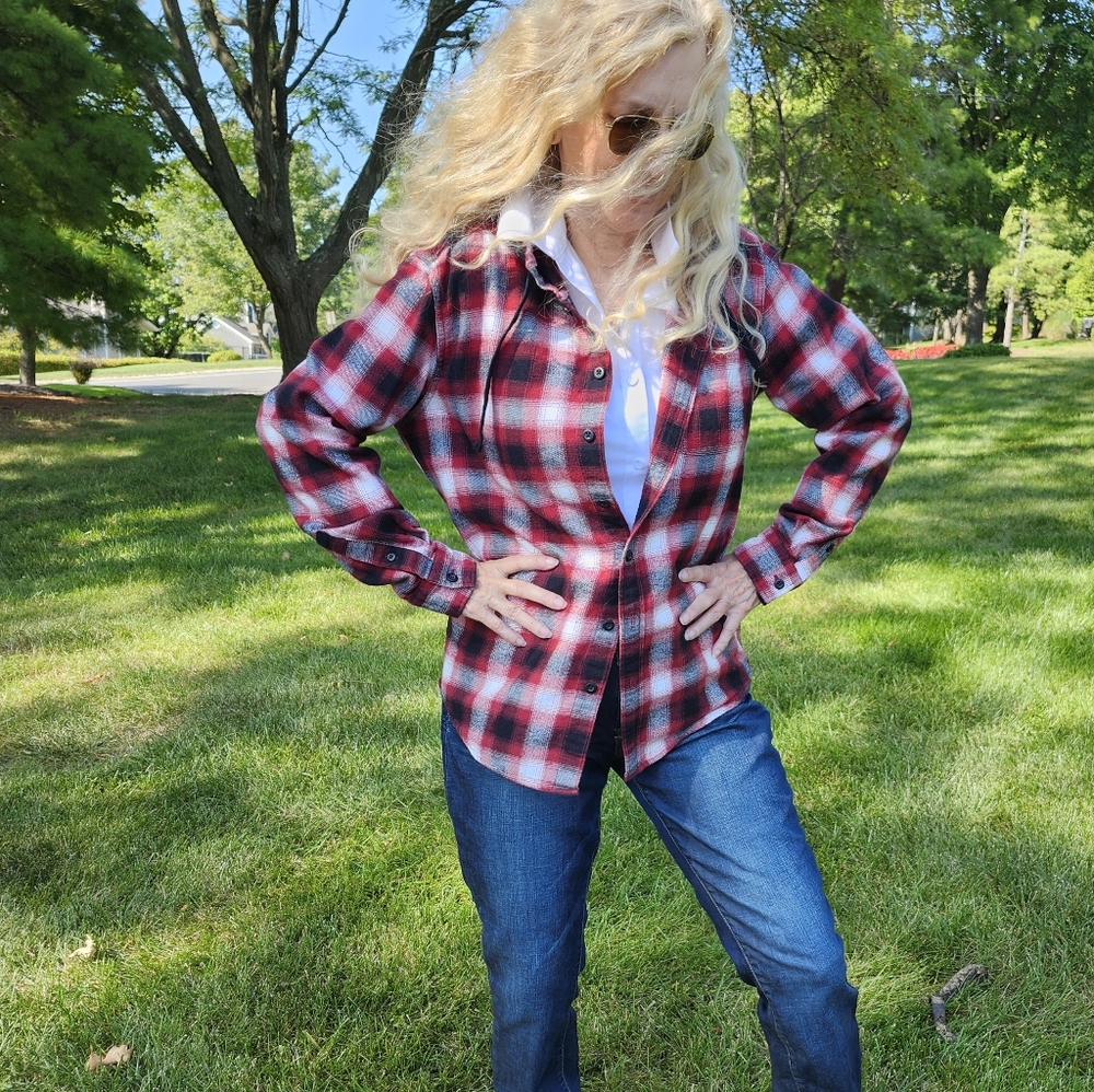 American Eagle Ex Cond/Pro Clean Burgundy & Dark Navy Plaid Hooded Shirt, S, $25